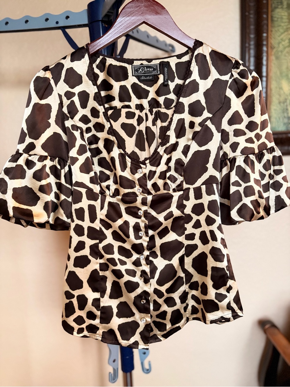 Guess Cream & Black Giraffe-Print Button Front Blouse